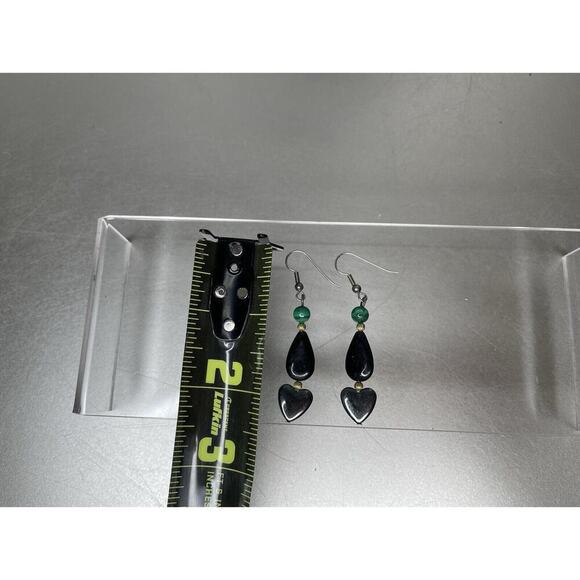 Hematite Heart Dangle Earrings Silver Wire Pierced Beaded 2.25in - Picture 3 of 3